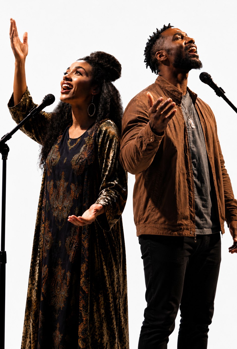 Two gospel singers worshipping with raised hands and microphones